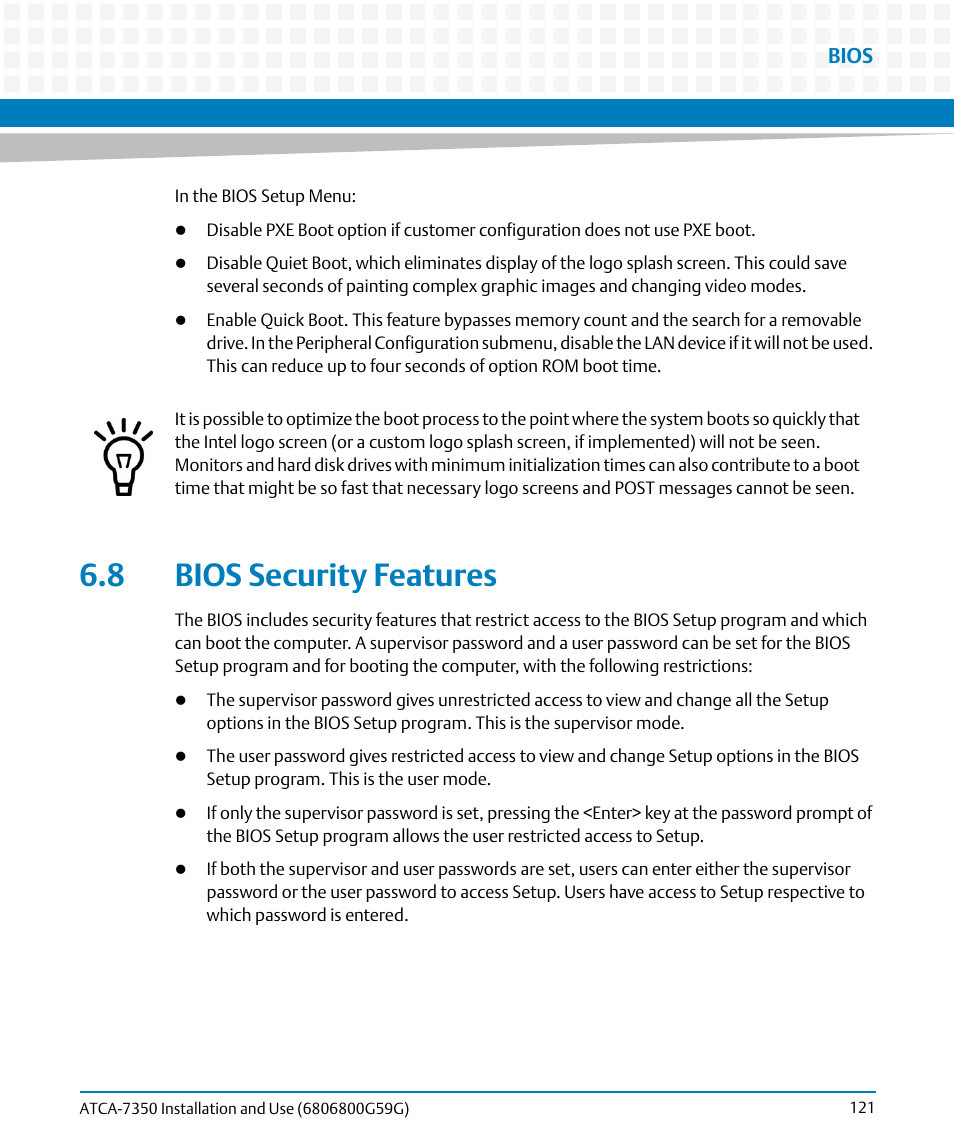 8 bios security features | Artesyn ATCA-7350 Installation and Use (September 2014) User Manual | Page 121 / 208