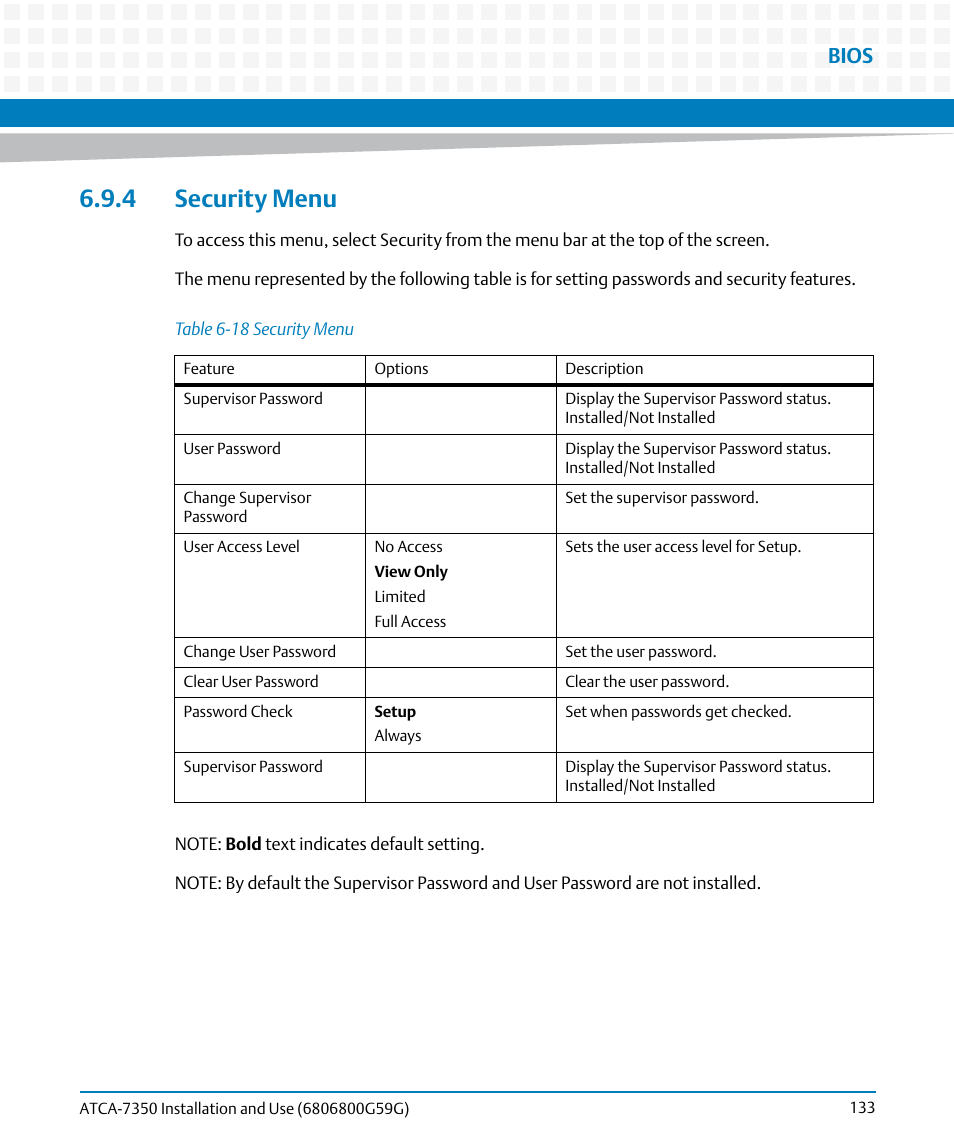 4 security menu, Table 6-18, Security menu | Bios | Artesyn ATCA-7350 Installation and Use (September 2014) User Manual | Page 133 / 208
