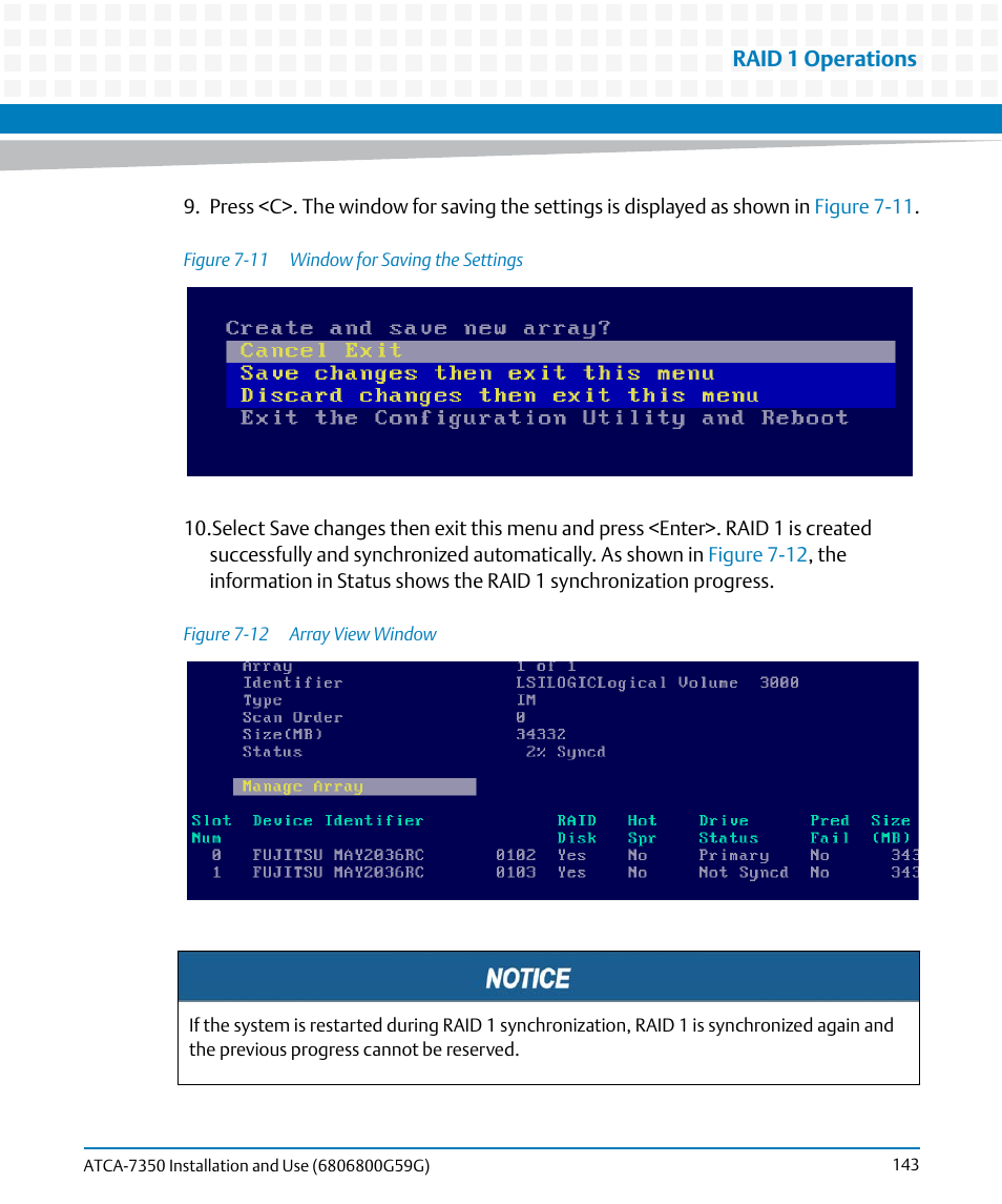 Figure 7-11, Window for saving the settings, Figure 7-12 | Array view window | Artesyn ATCA-7350 Installation and Use (September 2014) User Manual | Page 143 / 208