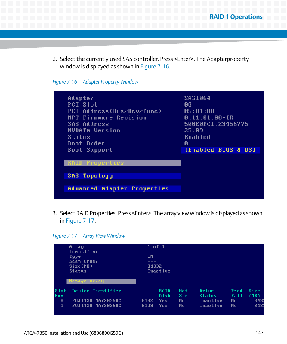 Figure 7-16, Adapter property window, Figure 7-17 | Array view window | Artesyn ATCA-7350 Installation and Use (September 2014) User Manual | Page 147 / 208