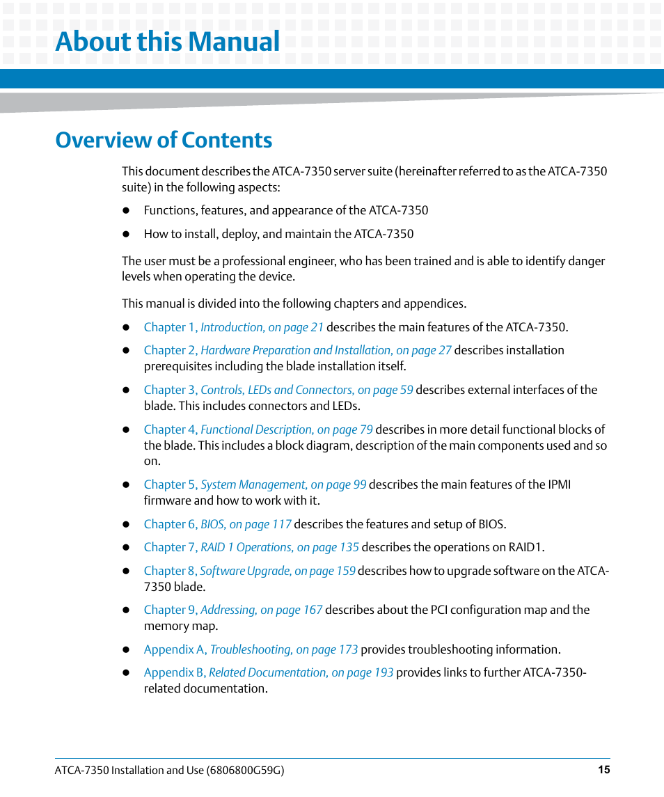 About this manual, Overview of contents | Artesyn ATCA-7350 Installation and Use (September 2014) User Manual | Page 15 / 208