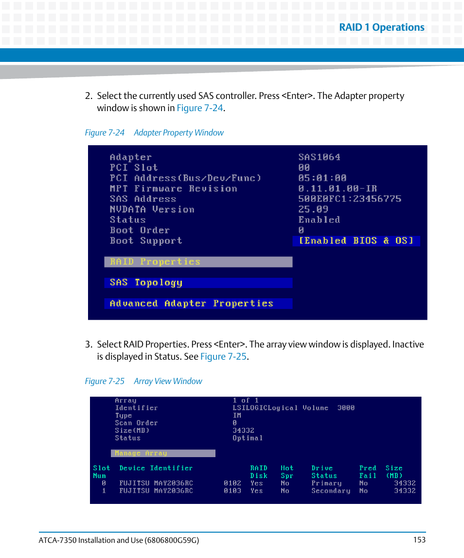 Figure 7-24, Adapter property window, Figure 7-25 | Array view window | Artesyn ATCA-7350 Installation and Use (September 2014) User Manual | Page 153 / 208