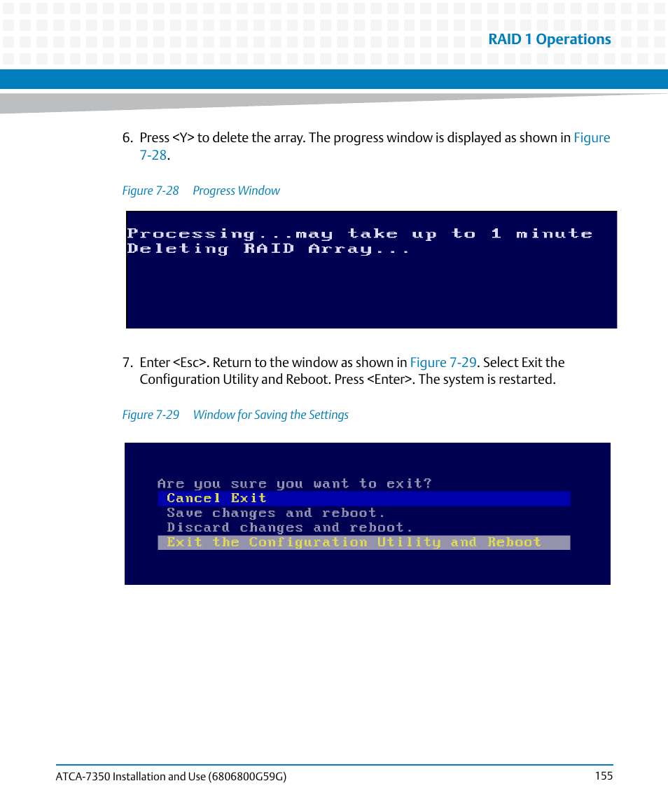 Figure 7-28, Progress window, Figure 7-29 | Window for saving the settings | Artesyn ATCA-7350 Installation and Use (September 2014) User Manual | Page 155 / 208