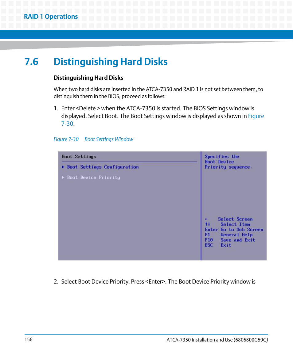 6 distinguishing hard disks, Figure 7-30, Boot settings window | Artesyn ATCA-7350 Installation and Use (September 2014) User Manual | Page 156 / 208