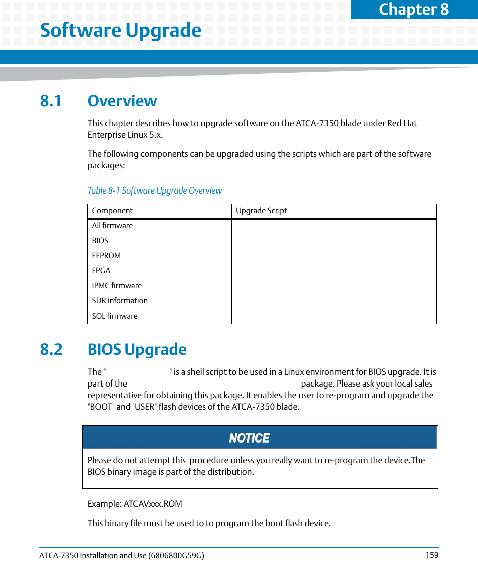 Software upgrade, 1 overview, 2 bios upgrade | 1 overview 8.2 bios upgrade, Table 8-1, Software upgrade overview, Chapter 8, software upgrade, on, In addition t, Chapter 8 | Artesyn ATCA-7350 Installation and Use (September 2014) User Manual | Page 159 / 208