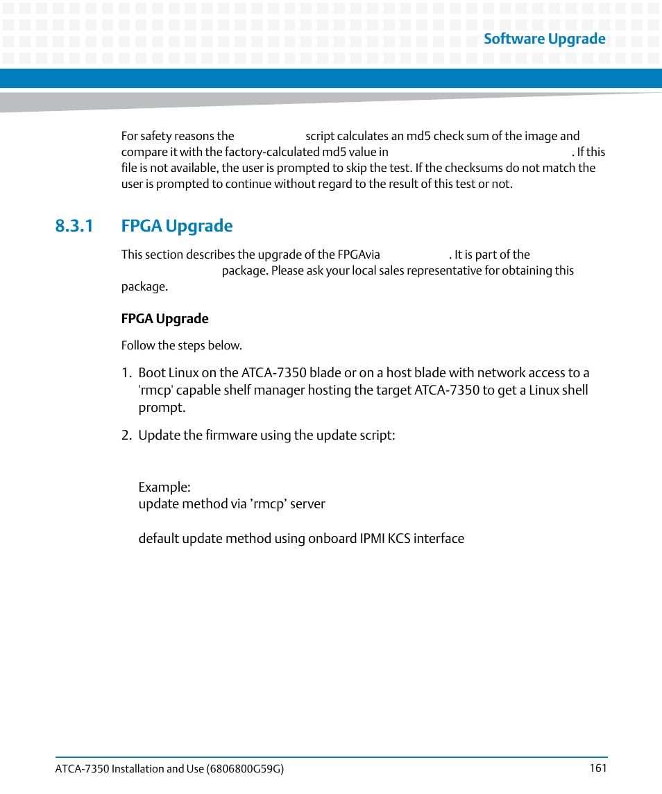 1 fpga upgrade | Artesyn ATCA-7350 Installation and Use (September 2014) User Manual | Page 161 / 208