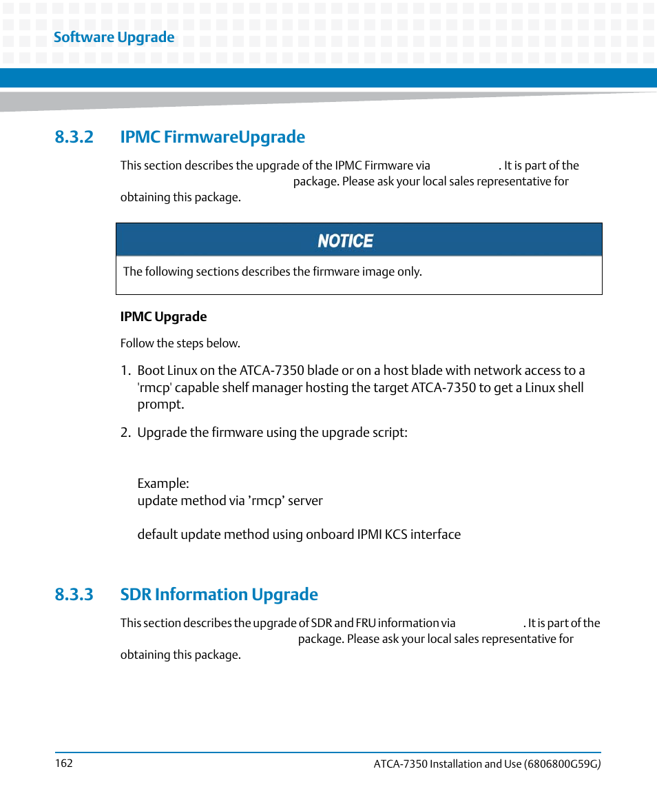 2 ipmc firmwareupgrade, 3 sdr information upgrade | Artesyn ATCA-7350 Installation and Use (September 2014) User Manual | Page 162 / 208