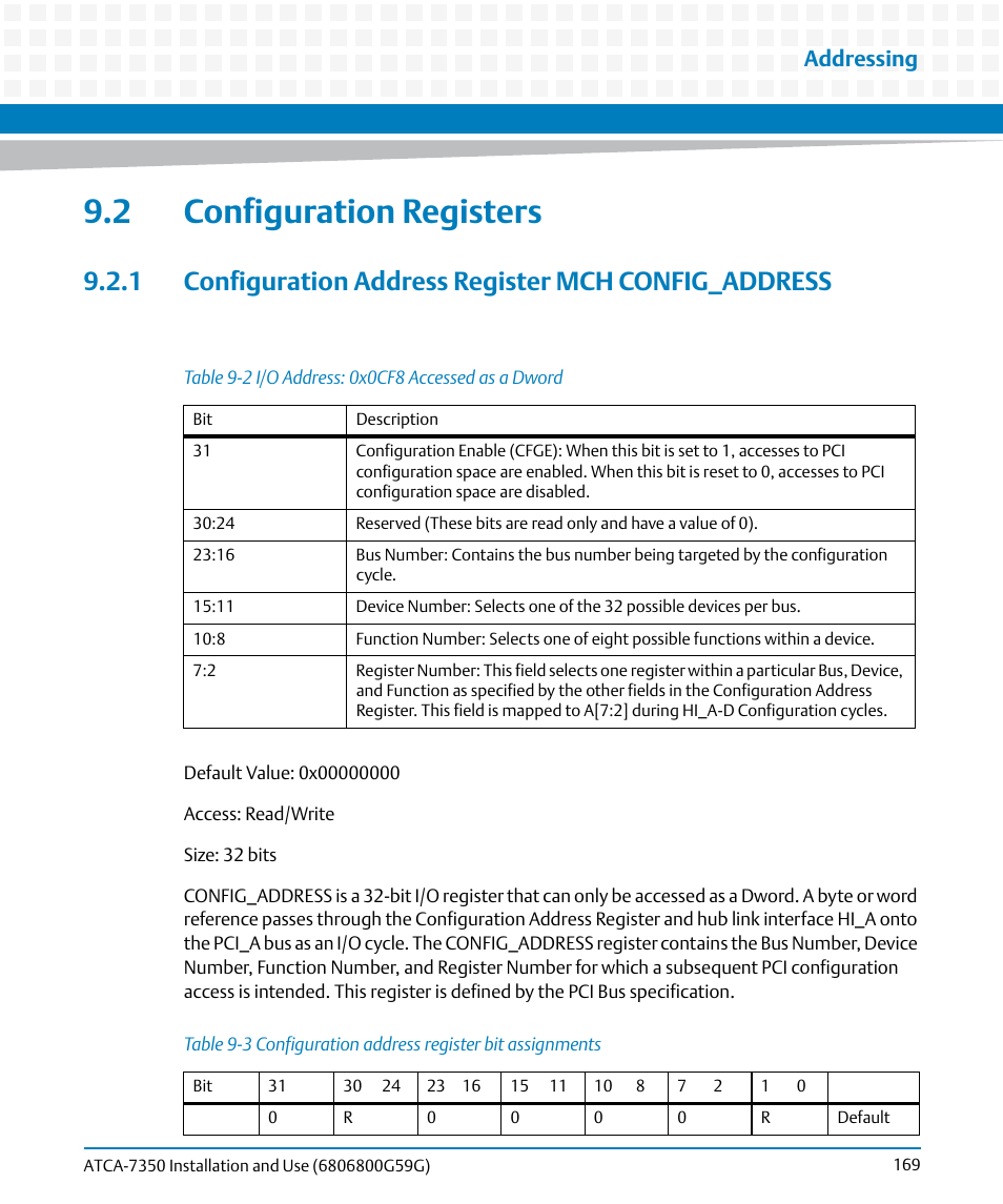 2 configuration registers, Table 9-2, I/o address: 0x0cf8 accessed as a dword | Table 9-3, Configuration address register bit assignments, Addressing | Artesyn ATCA-7350 Installation and Use (September 2014) User Manual | Page 169 / 208