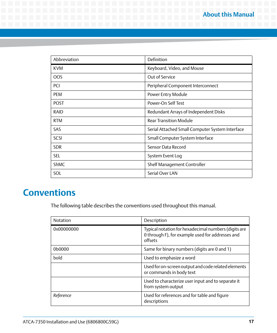 Conventions, About this manual | Artesyn ATCA-7350 Installation and Use (September 2014) User Manual | Page 17 / 208
