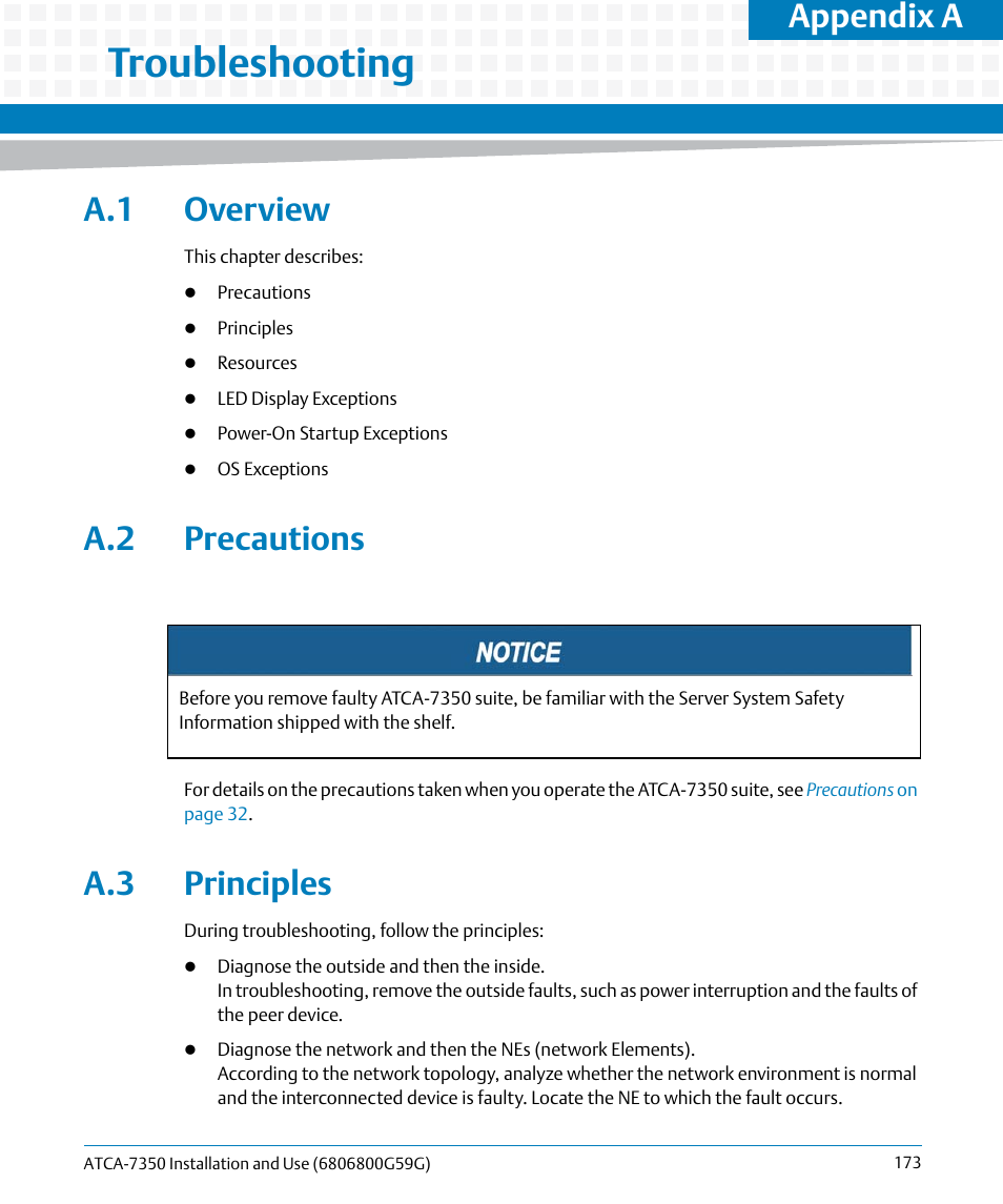 A troubleshooting, A.1 overview, A.2 precautions | A.3 principles, A.1 overview a.2 precautions a.3 principles, Troubleshooting, Appendix a | Artesyn ATCA-7350 Installation and Use (September 2014) User Manual | Page 173 / 208