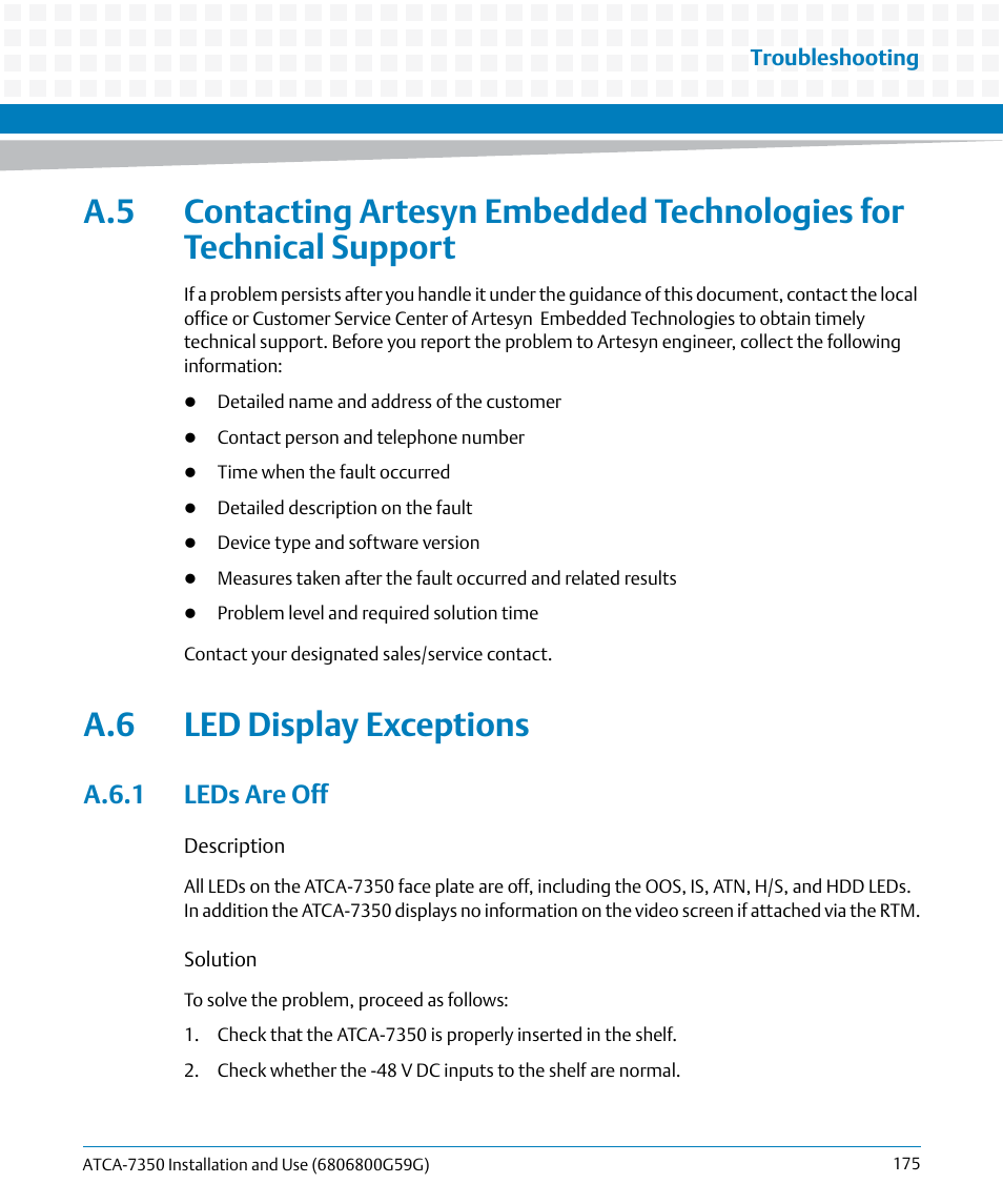 A.6 led display exceptions, A.6.1 leds are off | Artesyn ATCA-7350 Installation and Use (September 2014) User Manual | Page 175 / 208