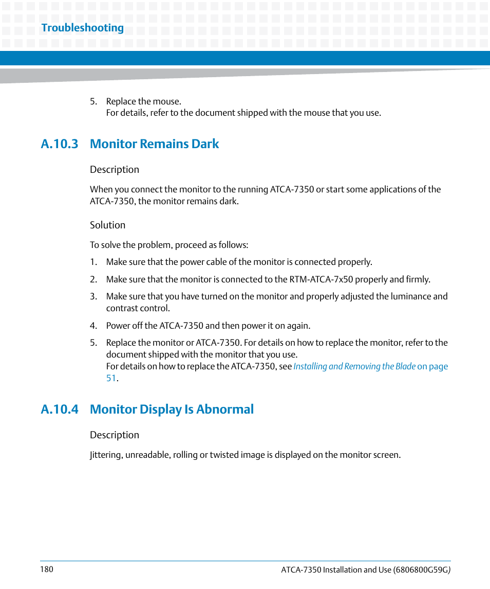 A.10.3 monitor remains dark, A.10.4 monitor display is abnormal | Artesyn ATCA-7350 Installation and Use (September 2014) User Manual | Page 180 / 208