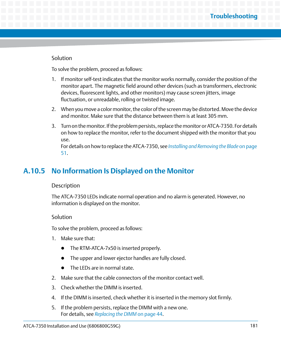 A.10.5 no information is displayed on the monitor, Troubleshooting | Artesyn ATCA-7350 Installation and Use (September 2014) User Manual | Page 181 / 208