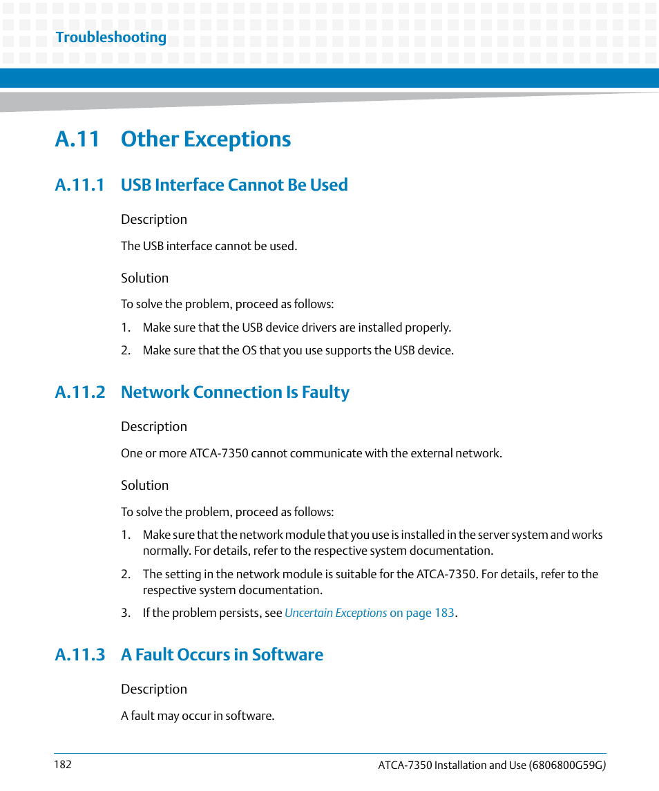 A.11 other exceptions, A.11.1 usb interface cannot be used, A.11.2 network connection is faulty | A.11.3 a fault occurs in software | Artesyn ATCA-7350 Installation and Use (September 2014) User Manual | Page 182 / 208