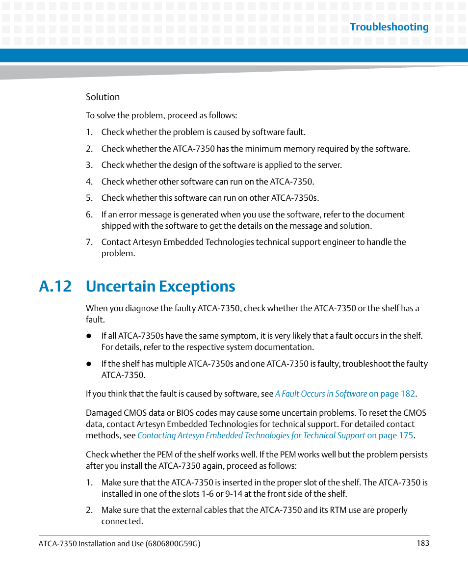 A.12 uncertain exceptions, Sists, see, Uncertain exceptions | Troubleshooting | Artesyn ATCA-7350 Installation and Use (September 2014) User Manual | Page 183 / 208