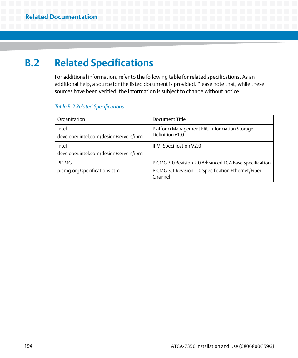 B.2 related specifications, Table b-2, Related specifications | Artesyn ATCA-7350 Installation and Use (September 2014) User Manual | Page 194 / 208