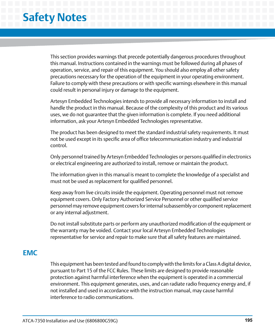 Safety notes | Artesyn ATCA-7350 Installation and Use (September 2014) User Manual | Page 195 / 208