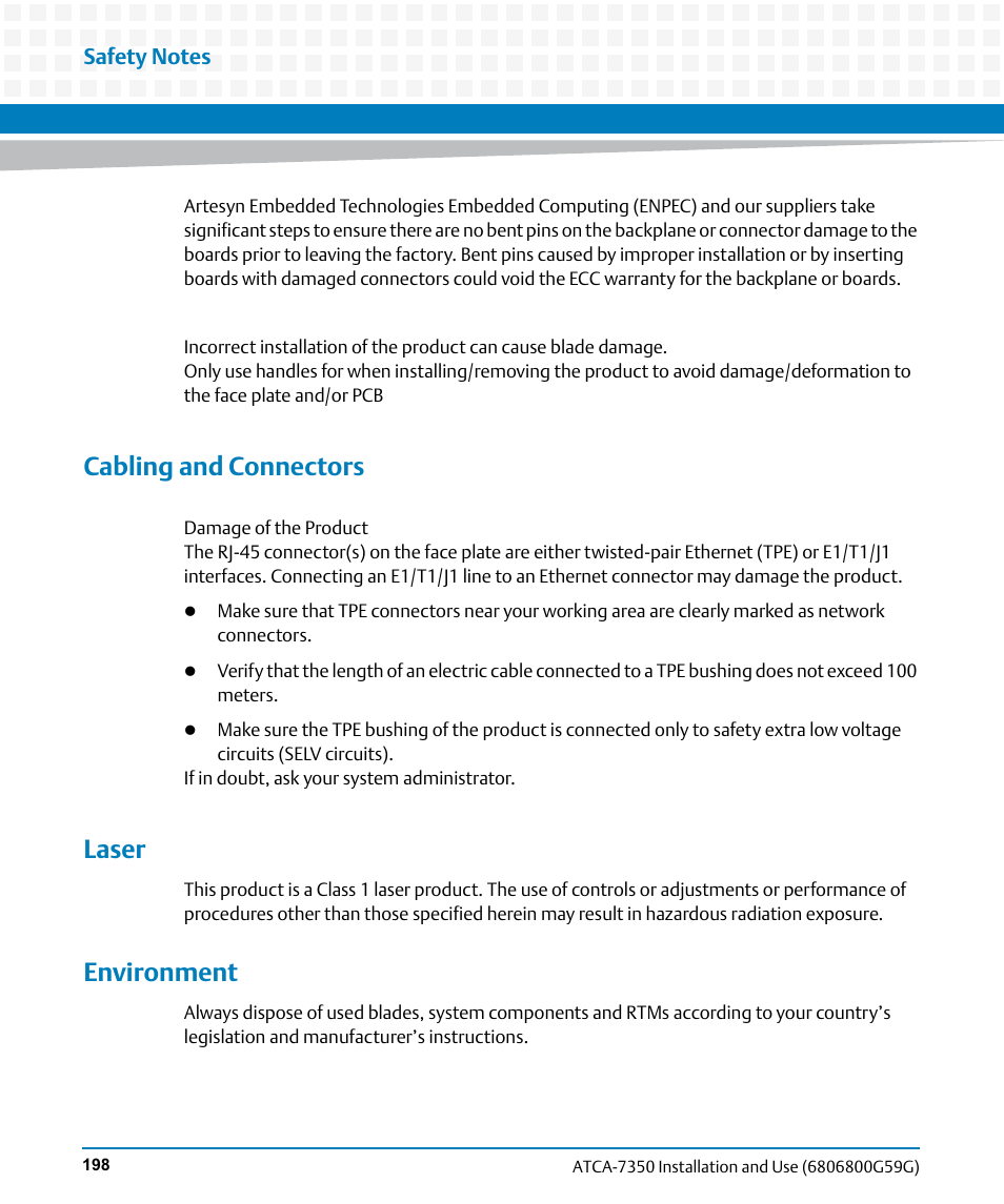 Cabling and connectors, Laser, Environment | Artesyn ATCA-7350 Installation and Use (September 2014) User Manual | Page 198 / 208