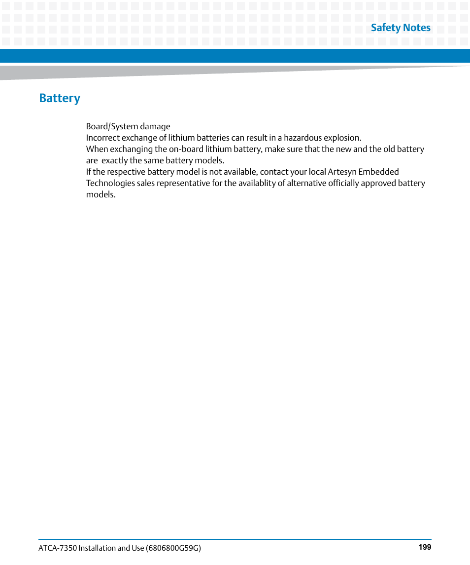 Battery | Artesyn ATCA-7350 Installation and Use (September 2014) User Manual | Page 199 / 208