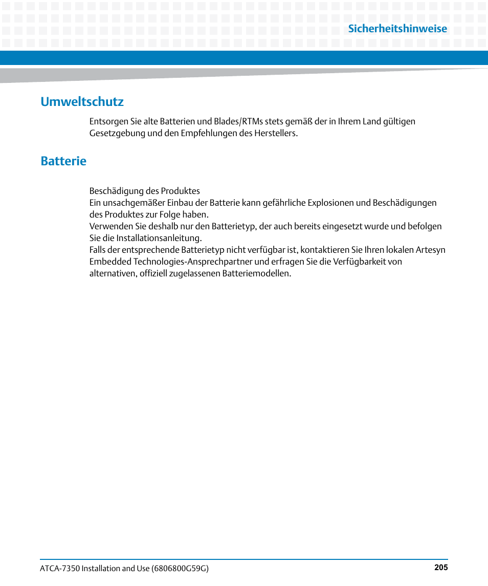 Umweltschutz, Batterie | Artesyn ATCA-7350 Installation and Use (September 2014) User Manual | Page 205 / 208