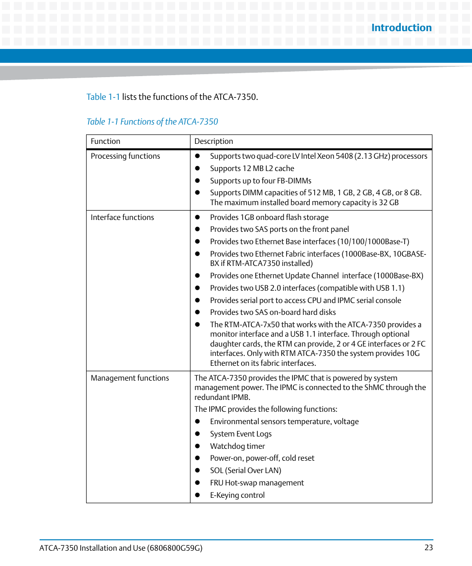 Table 1-1, Functions of the atca-7350, Introduction | Artesyn ATCA-7350 Installation and Use (September 2014) User Manual | Page 23 / 208