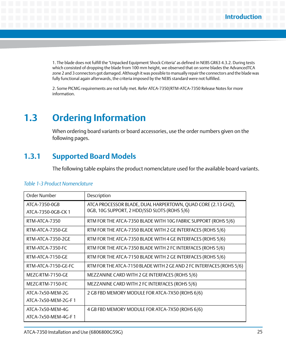 3 ordering information, 1 supported board models, Table 1-3 | Product nomenclature, Introduction | Artesyn ATCA-7350 Installation and Use (September 2014) User Manual | Page 25 / 208