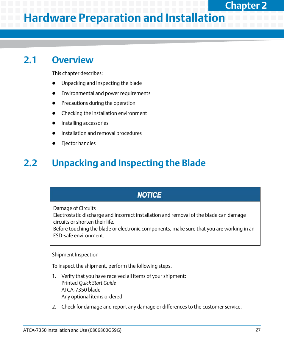 Hardware preparation and installation, 1 overview, 2 unpacking and inspecting the blade | 1 overview 2.2 unpacking and inspecting the blade, Chapter 2 | Artesyn ATCA-7350 Installation and Use (September 2014) User Manual | Page 27 / 208
