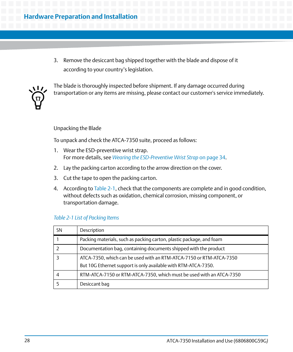 Table 2-1, List of packing items, Hardware preparation and installation | Artesyn ATCA-7350 Installation and Use (September 2014) User Manual | Page 28 / 208