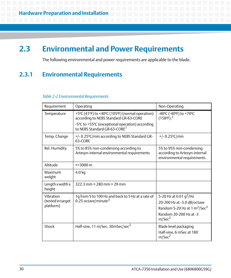 3 environmental and power requirements, 1 environmental requirements, Table 2-2 | Environmental requirements, Hardware preparation and installation | Artesyn ATCA-7350 Installation and Use (September 2014) User Manual | Page 30 / 208