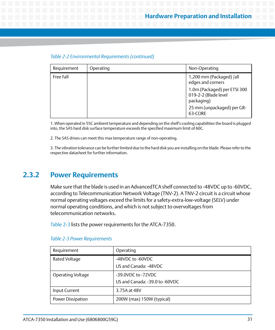 2 power requirements, Table 2-3, Power requirements | Hardware preparation and installation | Artesyn ATCA-7350 Installation and Use (September 2014) User Manual | Page 31 / 208