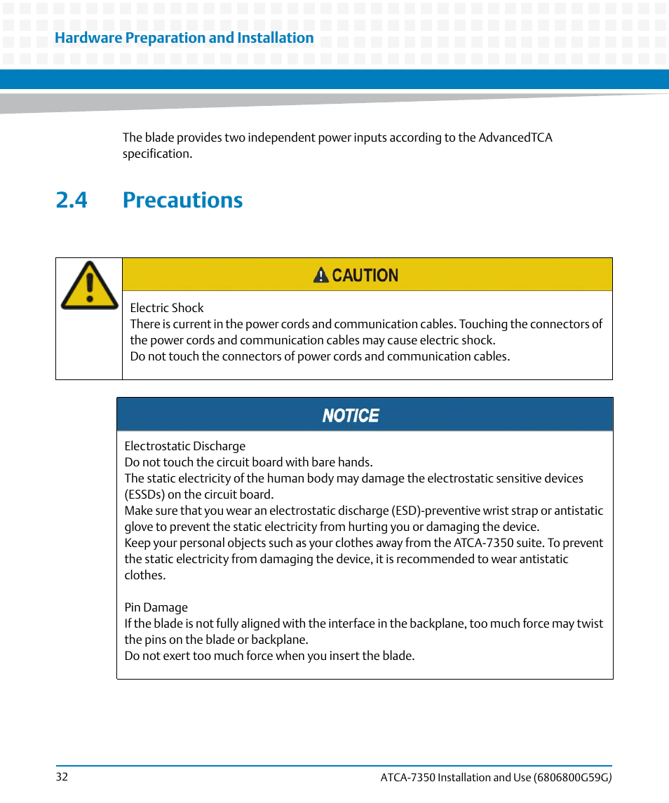 4 precautions | Artesyn ATCA-7350 Installation and Use (September 2014) User Manual | Page 32 / 208