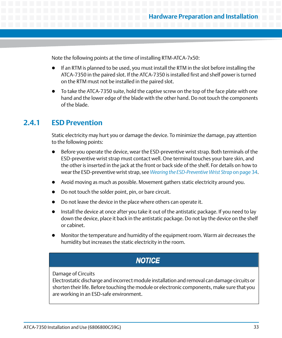 1 esd prevention, Hardware preparation and installation | Artesyn ATCA-7350 Installation and Use (September 2014) User Manual | Page 33 / 208