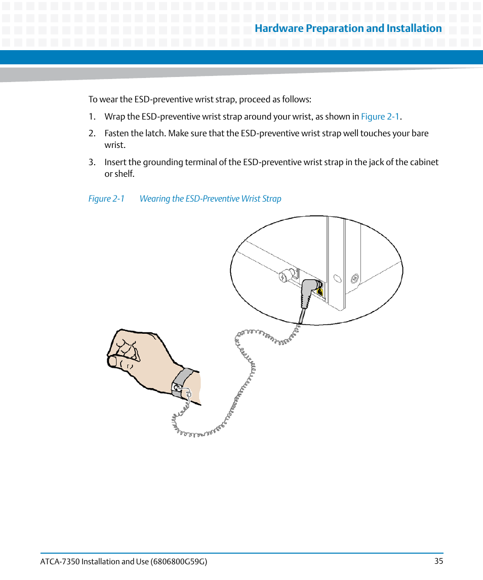Figure 2-1, Wearing the esd-preventive wrist strap, Hardware preparation and installation | Artesyn ATCA-7350 Installation and Use (September 2014) User Manual | Page 35 / 208