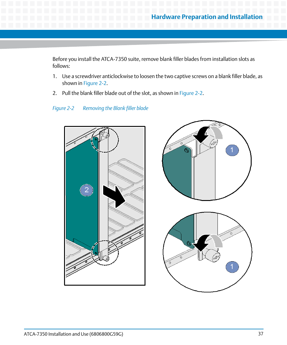 Figure 2-2, Removing the blank filler blade, Hardware preparation and installation | Artesyn ATCA-7350 Installation and Use (September 2014) User Manual | Page 37 / 208