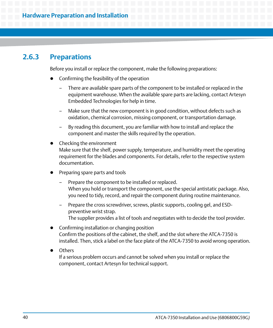 3 preparations, Hardware preparation and installation | Artesyn ATCA-7350 Installation and Use (September 2014) User Manual | Page 40 / 208