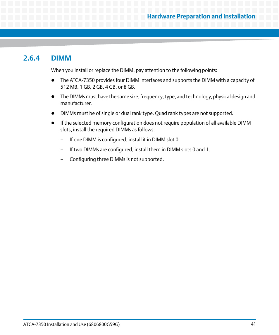 4 dimm, Hardware preparation and installation | Artesyn ATCA-7350 Installation and Use (September 2014) User Manual | Page 41 / 208
