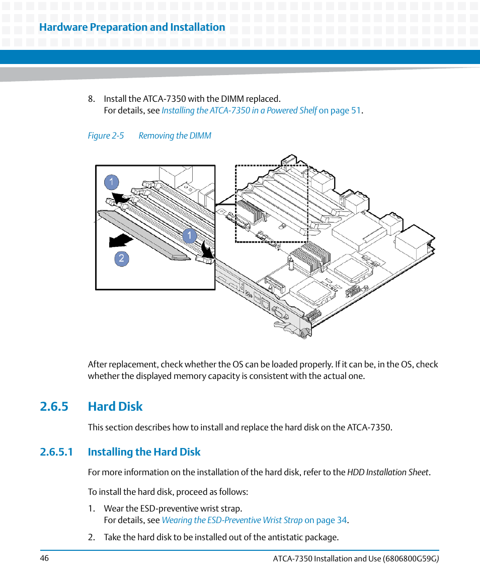 5 hard disk, 1 installing the hard disk, Figure 2-5 | Removing the dimm | Artesyn ATCA-7350 Installation and Use (September 2014) User Manual | Page 46 / 208