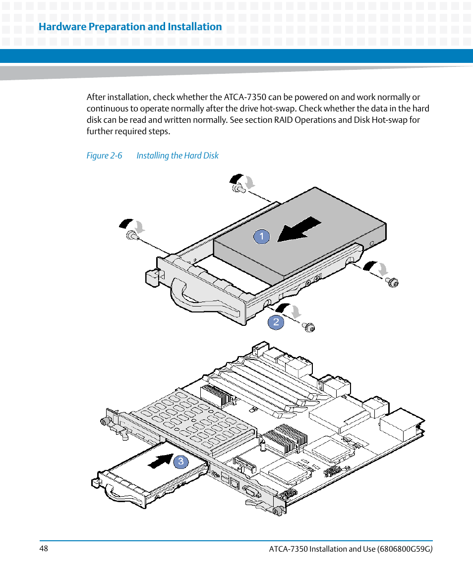 Figure 2-6, Installing the hard disk, Wn in | Figure, Hardware preparation and installation | Artesyn ATCA-7350 Installation and Use (September 2014) User Manual | Page 48 / 208