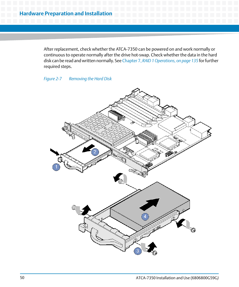 Figure 2-7, Removing the hard disk, Wn in | Hardware preparation and installation | Artesyn ATCA-7350 Installation and Use (September 2014) User Manual | Page 50 / 208