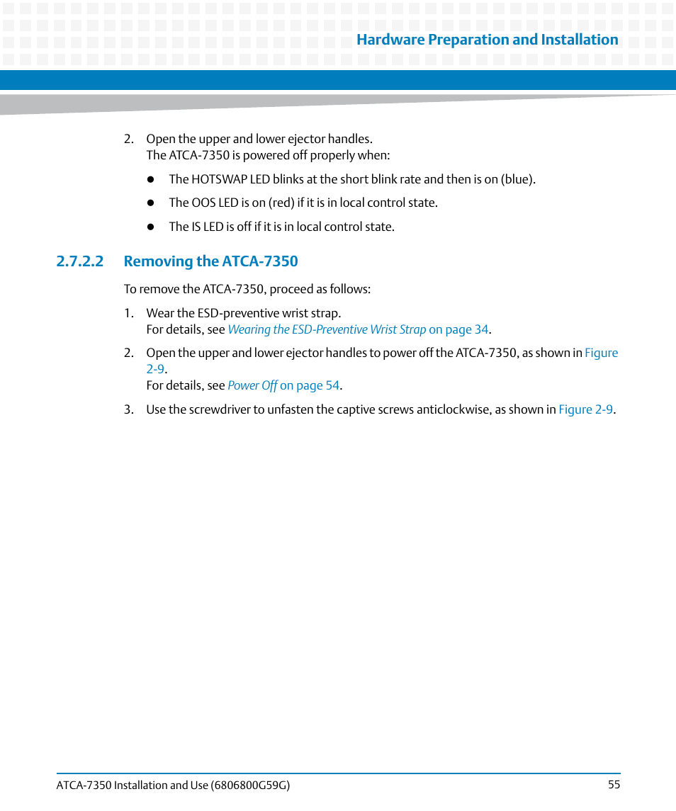 2 removing the atca-7350, Removing the atca-7350, Hardware preparation and installation | Artesyn ATCA-7350 Installation and Use (September 2014) User Manual | Page 55 / 208