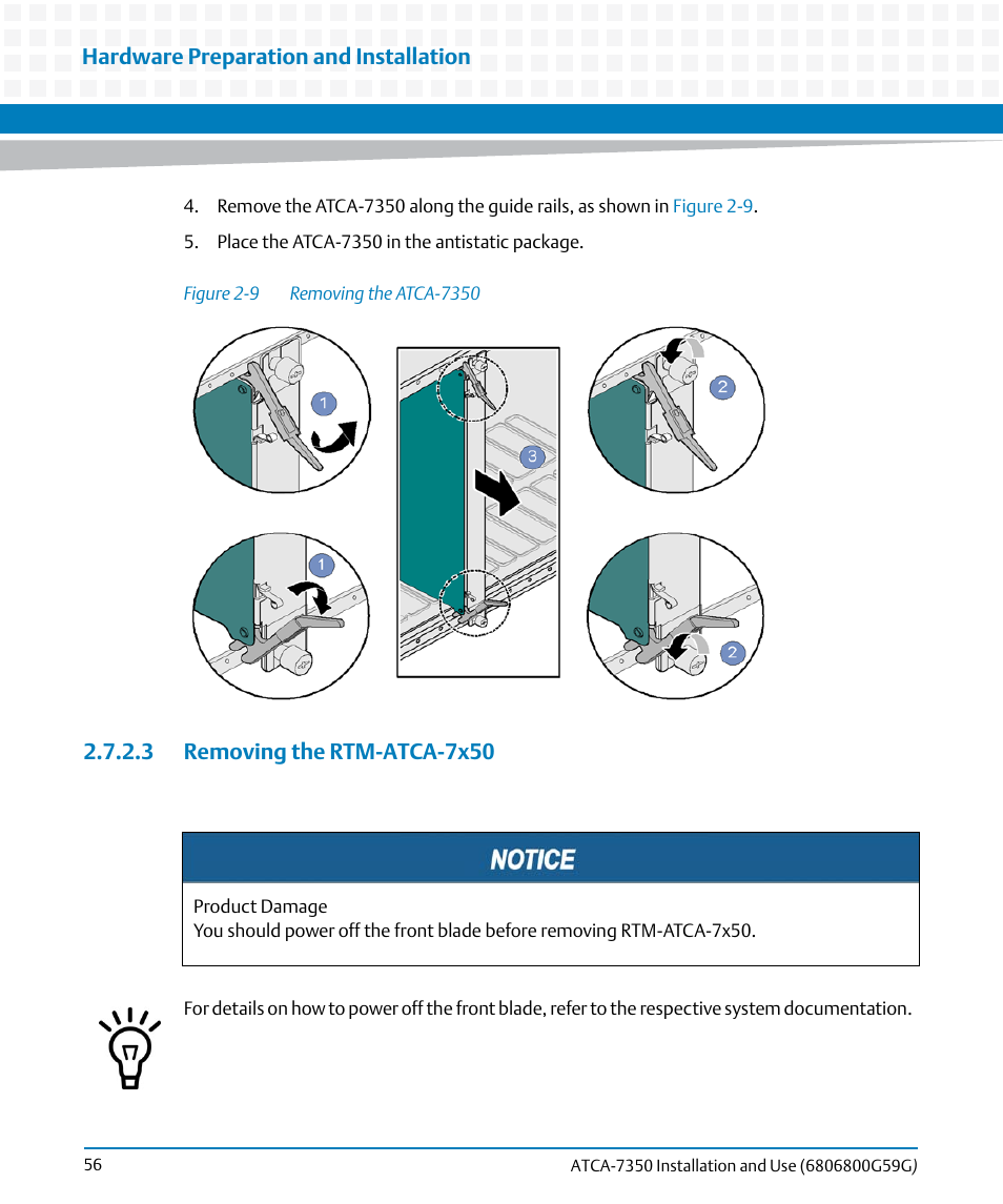 3 removing the rtm-atca-7x50, Figure 2-9, Removing the atca-7350 | Wn in, Figure | Artesyn ATCA-7350 Installation and Use (September 2014) User Manual | Page 56 / 208
