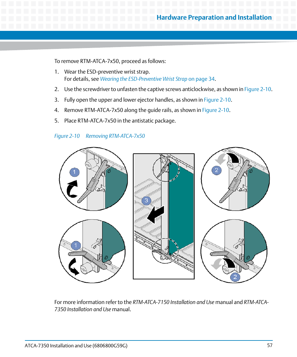 Figure 2-10, Removing rtm-atca-7x50, Hardware preparation and installation | Artesyn ATCA-7350 Installation and Use (September 2014) User Manual | Page 57 / 208