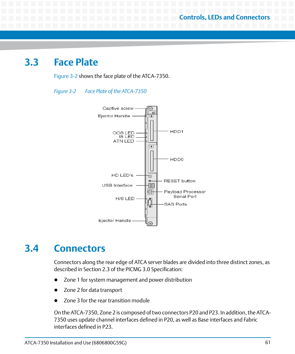 3 face plate, 4 connectors, 3 face plate 3.4 connectors | Figure 3-2, Face plate of the atca-7350 | Artesyn ATCA-7350 Installation and Use (September 2014) User Manual | Page 61 / 208