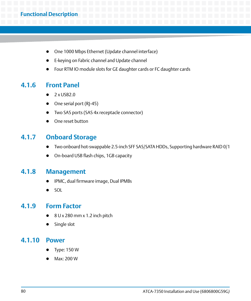 6 front panel, 7 onboard storage, 8 management | 9 form factor, 10 power | Artesyn ATCA-7350 Installation and Use (September 2014) User Manual | Page 80 / 208