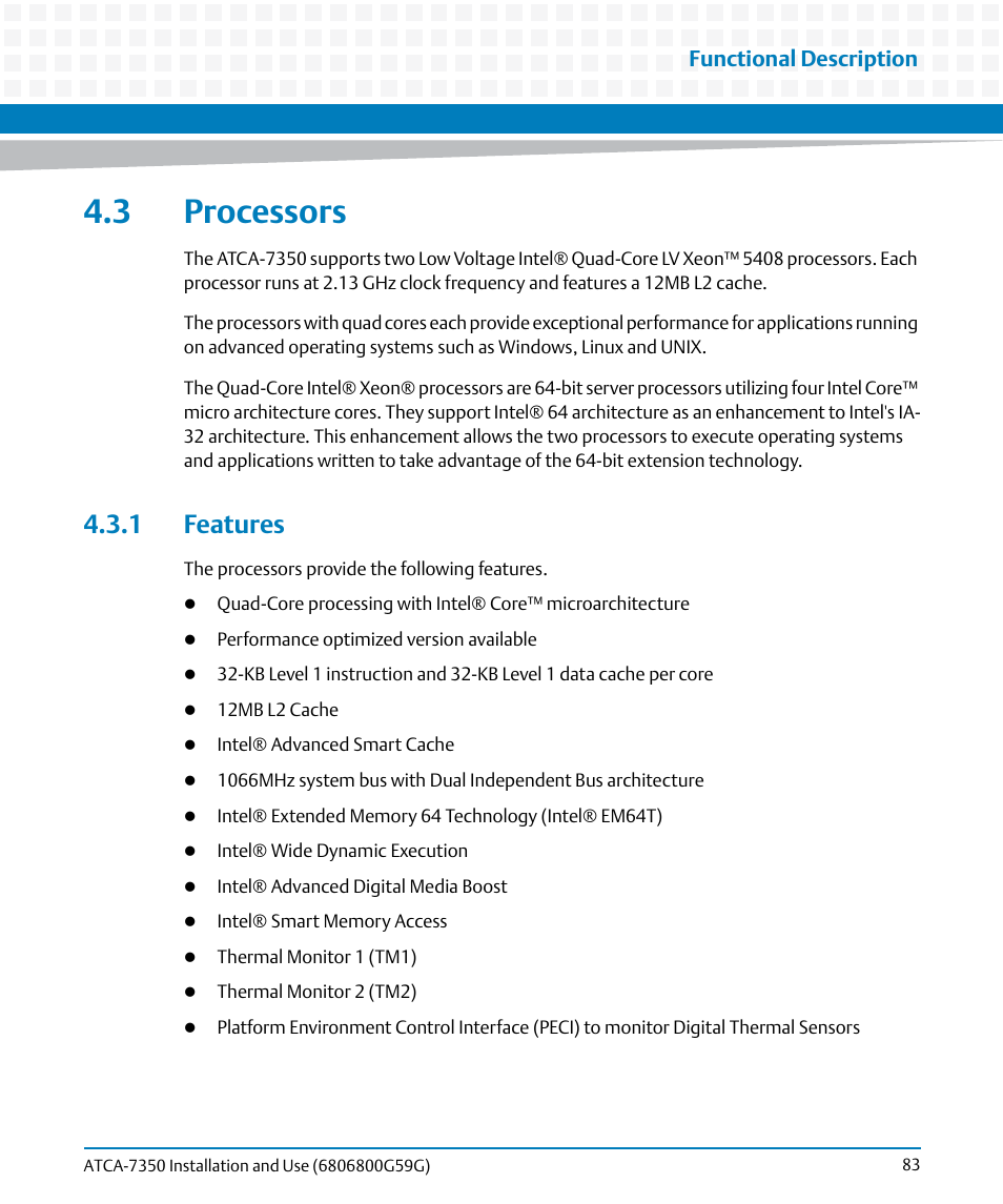 3 processors, 1 features, Functional description | Artesyn ATCA-7350 Installation and Use (September 2014) User Manual | Page 83 / 208