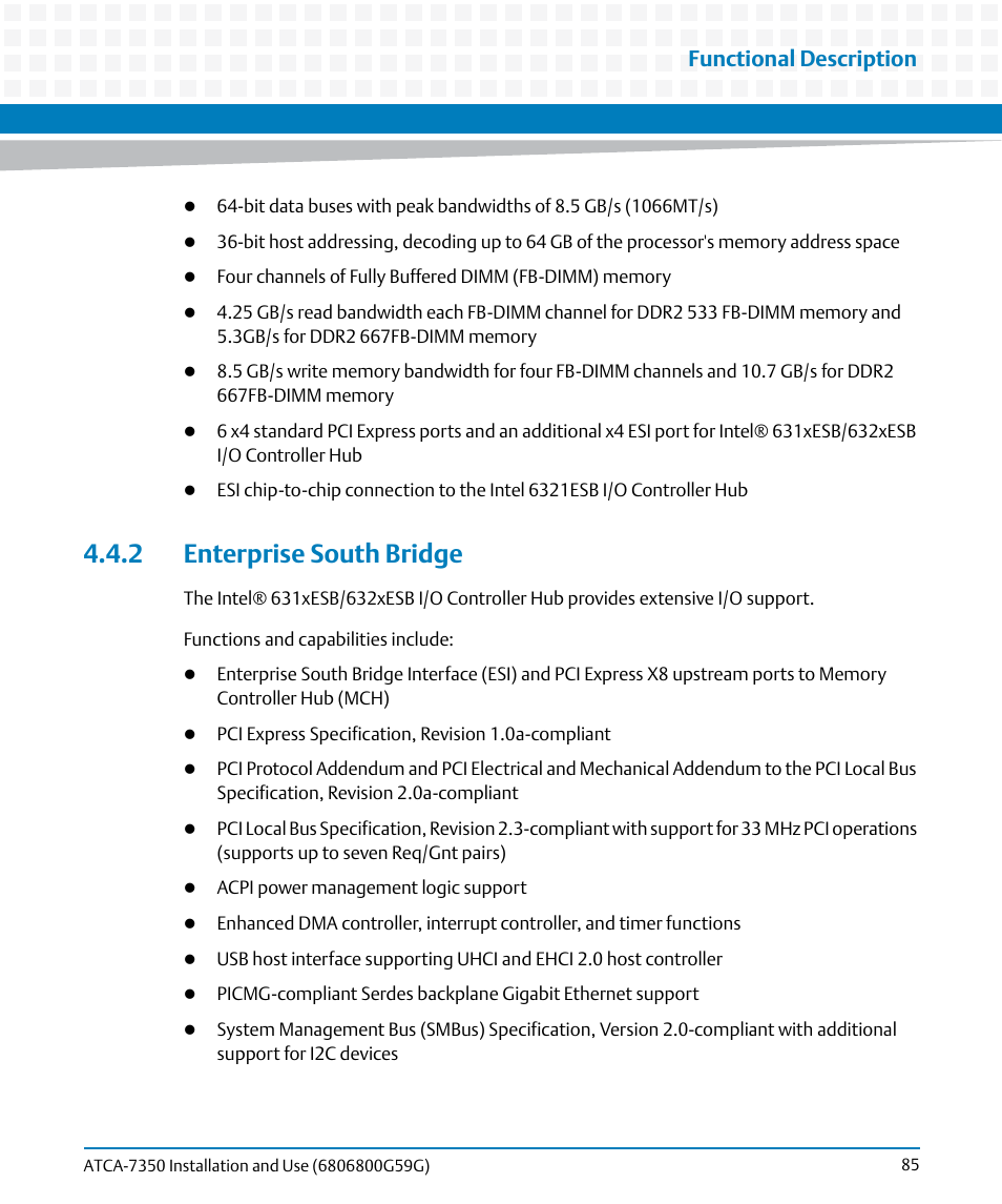 2 enterprise south bridge, Functional description | Artesyn ATCA-7350 Installation and Use (September 2014) User Manual | Page 85 / 208