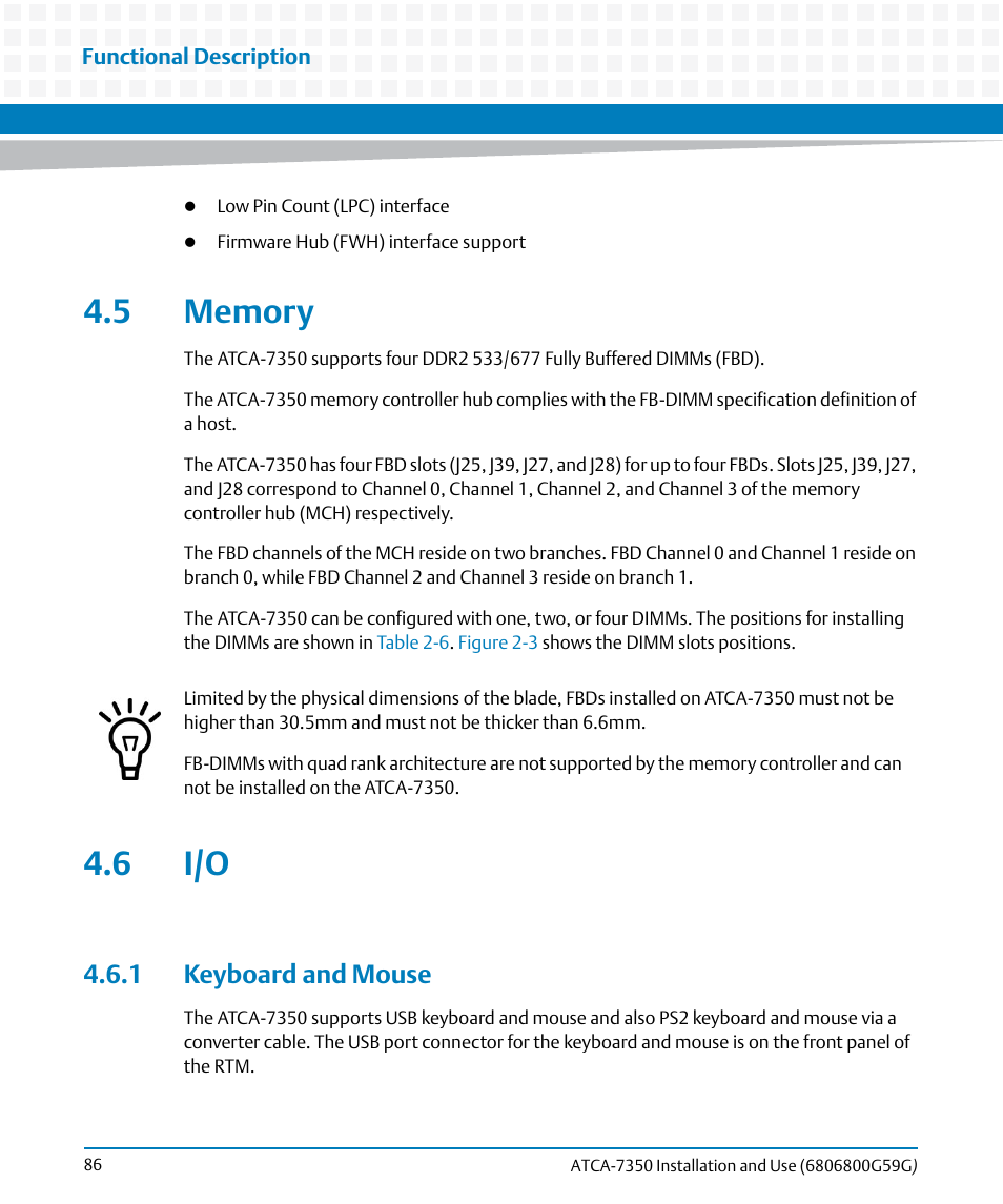 5 memory, 6 i/o, 1 keyboard and mouse | 5 memory 4.6 i/o | Artesyn ATCA-7350 Installation and Use (September 2014) User Manual | Page 86 / 208