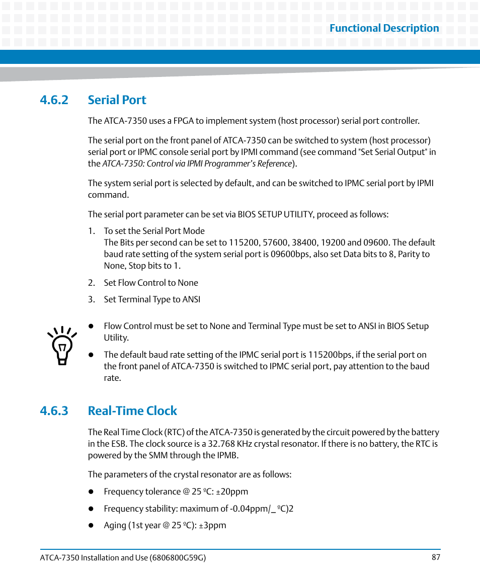 2 serial port, 3 real-time clock, 2 serial port 4.6.3 real-time clock | Artesyn ATCA-7350 Installation and Use (September 2014) User Manual | Page 87 / 208