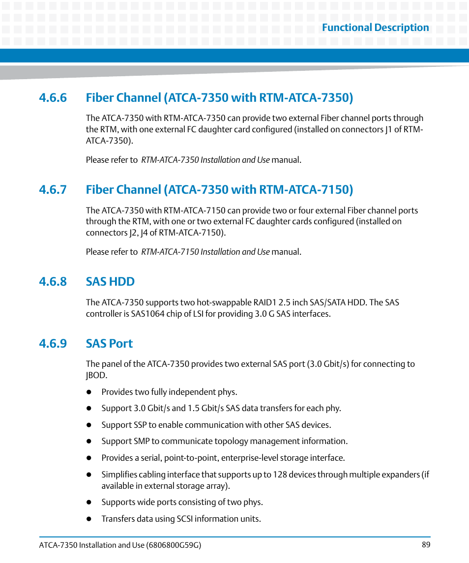 6 fiber channel (atca-7350 with rtm-atca-7350), 7 fiber channel (atca-7350 with rtm-atca-7150), 8 sas hdd | 9 sas port | Artesyn ATCA-7350 Installation and Use (September 2014) User Manual | Page 89 / 208