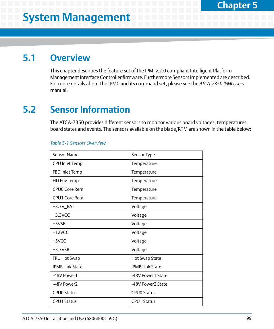 System management, 1 overview, 2 sensor information | 1 overview 5.2 sensor information, Table 5-1, Sensors overview, Chapter 5 | Artesyn ATCA-7350 Installation and Use (September 2014) User Manual | Page 99 / 208